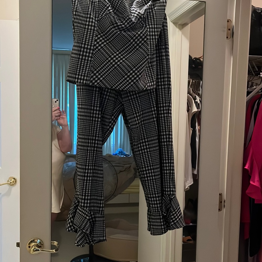 Trina Turk strapless black and white top and cute bottom w flared leg